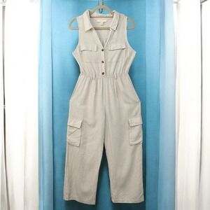 Monteau Los Angeles Jumpsuit Utility Romper Sleeveless Beige Linen Blend Woman M